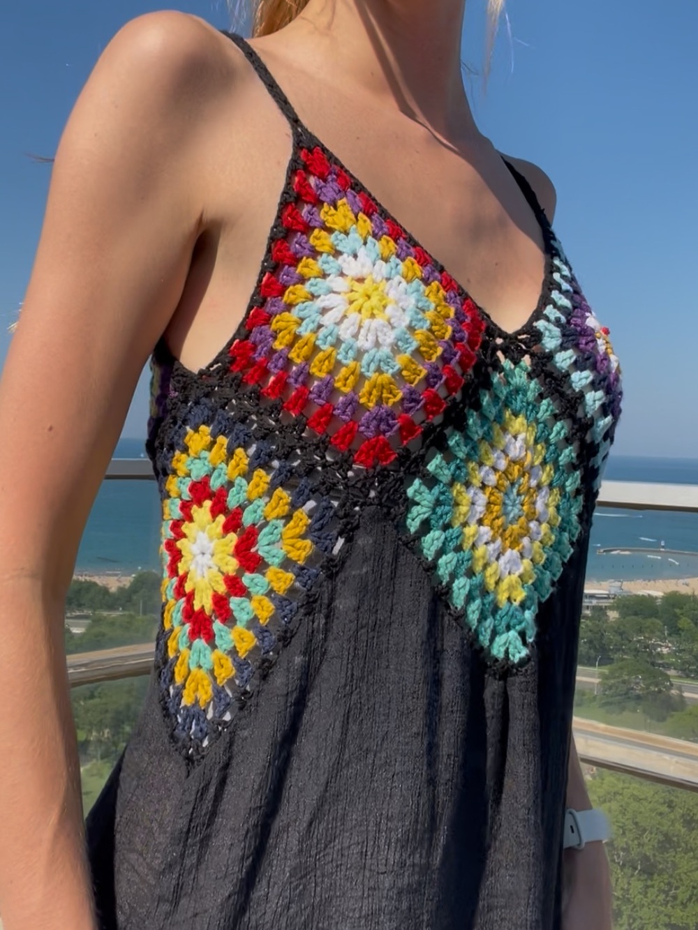 Black Crochet-Detail Spaghetti Strap dress Cover-Up